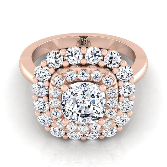 14K Rose Gold Cushion Diamond Double Halo Floral Sunburst Engagement Ring -1ctw