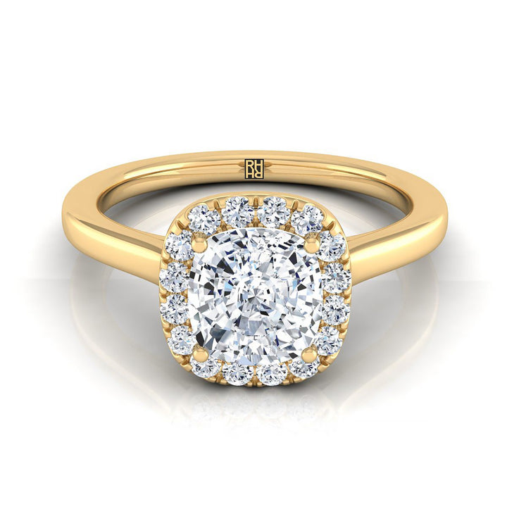 Modern French Pavé Halo Cushion, in 18K Yellow Gold, pave setting | RockHer