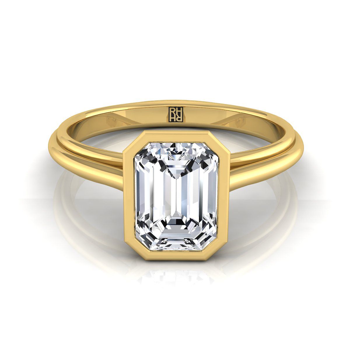 Hayley Select Bezel Cathedral Solitaire Ec Emerald Cut Lab Diamond Engagement Ring in 18K Yellow Gold | RockHer