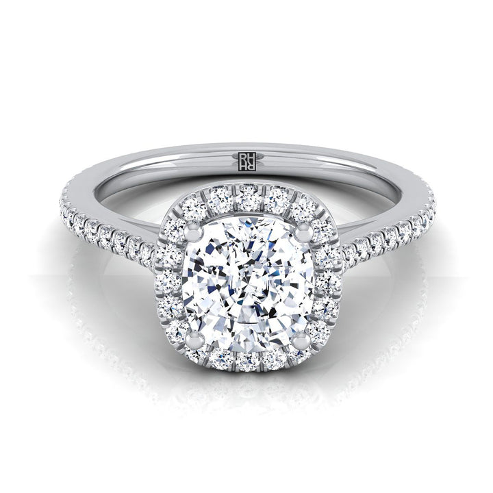 Graduated Shank Pavé Halo Cushion, in 18K White Gold, pave setting | RockHer