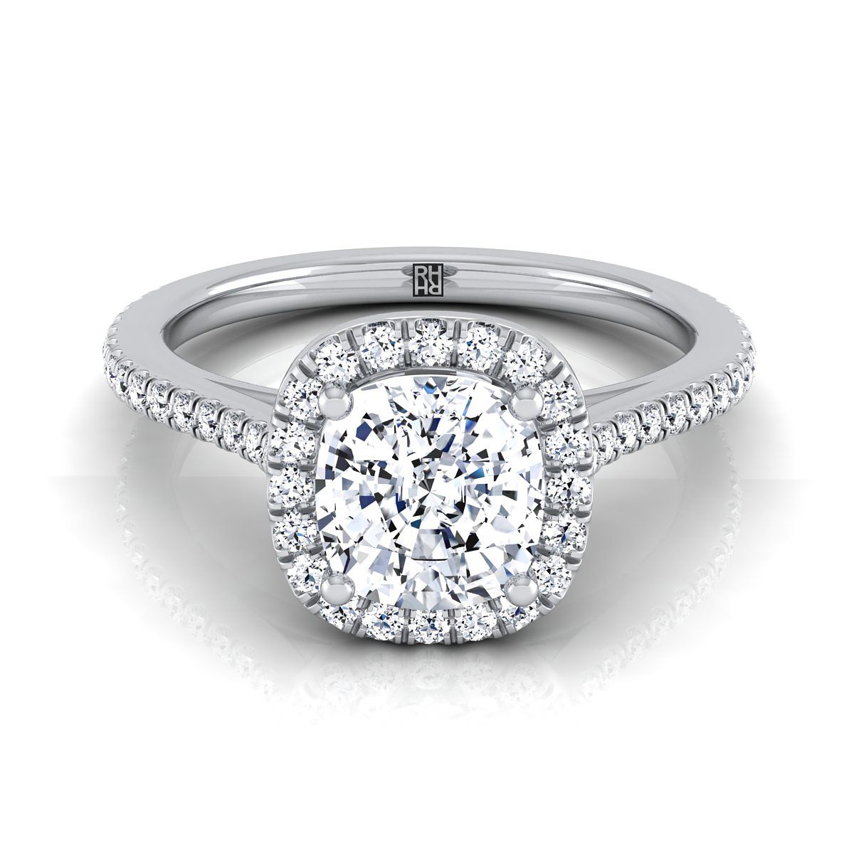 Sonata Select Graduated Shank Pavé Halo Cushion Cut Lab Diamond Engagement Ring in 18K White Gold | RockHer