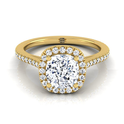 Graduated Shank Pavé Halo Cushion, in 18K Yellow Gold, pave setting | RockHer