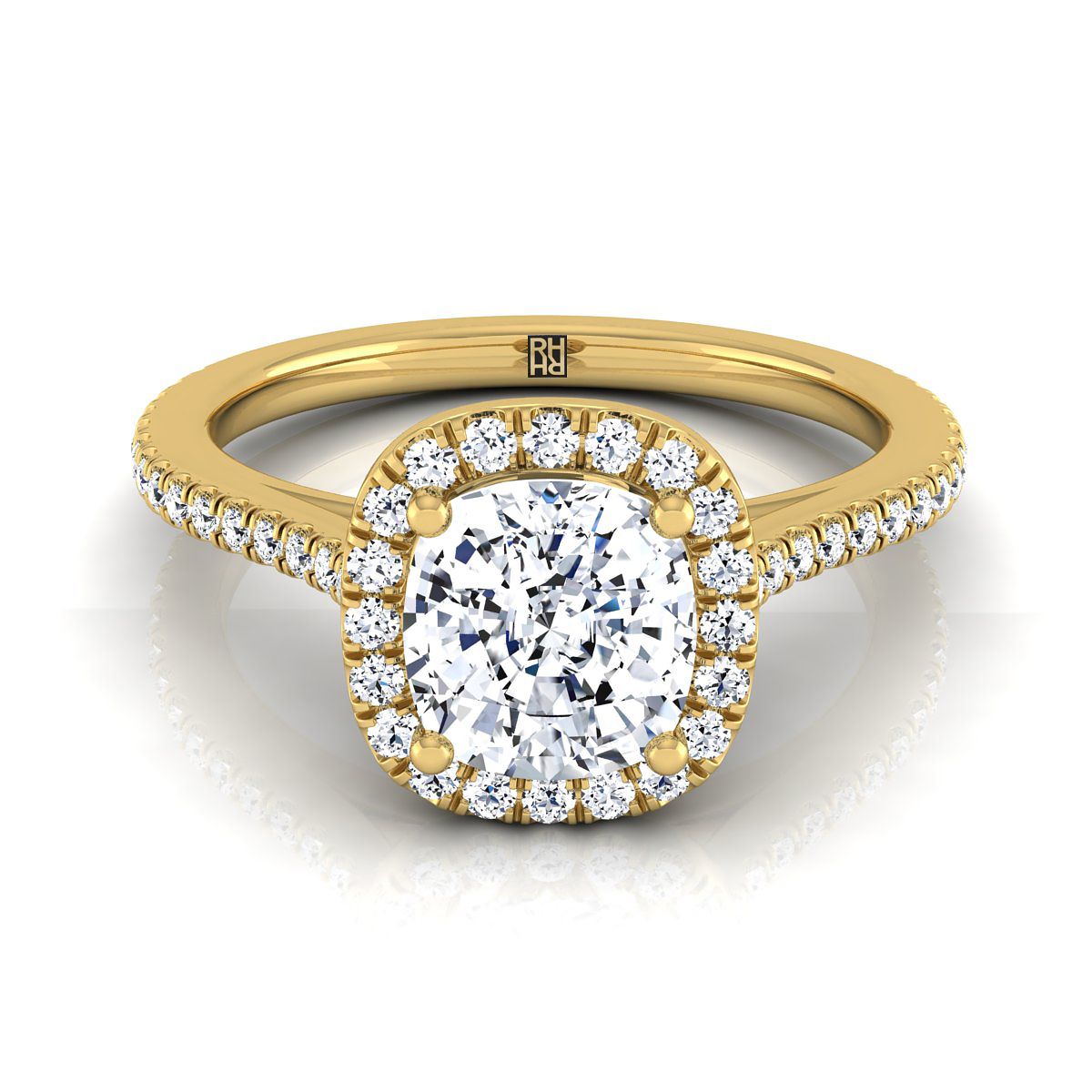 Sonata Select Graduated Shank Pavé Halo Cushion Cut Lab Diamond Engagement Ring in 18K Yellow Gold | RockHer