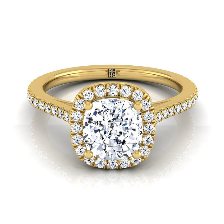 Sonata Select Graduated Shank Pavé Halo Cushion Cut Lab Diamond Engagement Ring in 18K Yellow Gold | RockHer