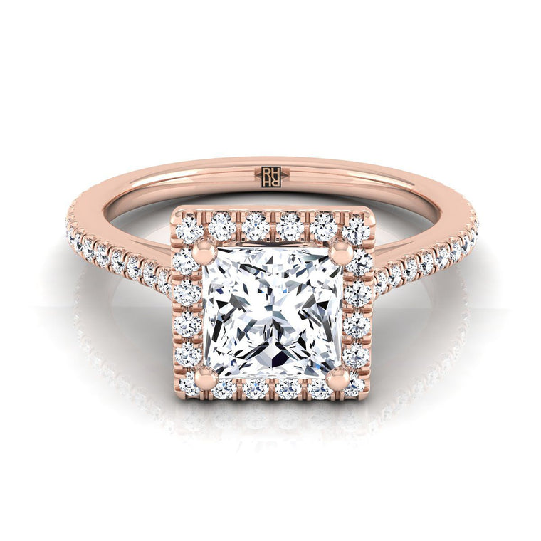 The Sonata Graduated Shank Pavé Halo Princess Cut Engagement Ring Setting in 14K Rose Gold
