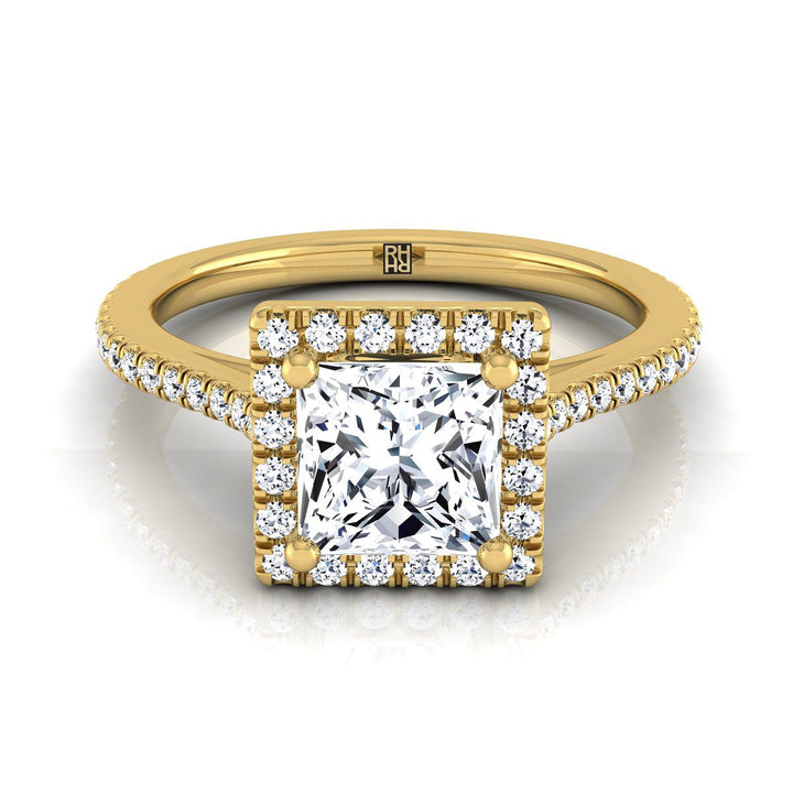 Graduated Shank Pavé Halo Princess, in 18K Yellow Gold, pave setting | RockHer