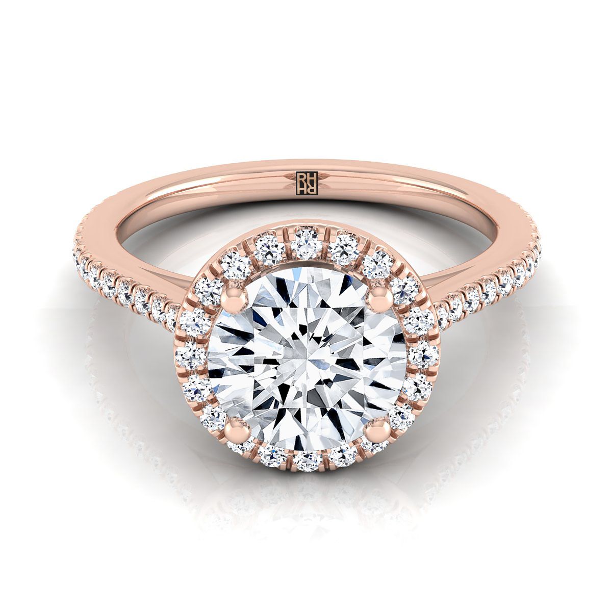 Sonata Select Graduated Shank Pavé Halo Round Lab Diamond Engagement Ring in 14K Rose Gold | RockHer