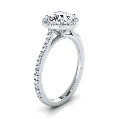 Round Brilliant, Graduated Shank Pavé Halo, in 18K White Gold, pave setting – side profile | RockHer