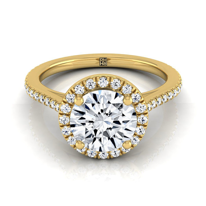 Round Brilliant, Graduated Shank Pavé Halo, in 18K Yellow Gold, pave setting | RockHer