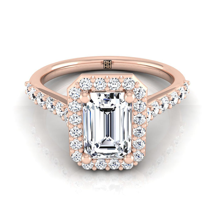 European Cut, Shared Prong Halo Emerald, in 14K Rose Gold, pave setting | RockHer