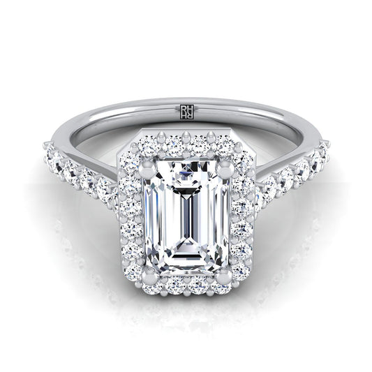 14K White Gold Emerald Cut Diamond Shared Prong Halo with French Pave Engagement Ring -1/2ctw