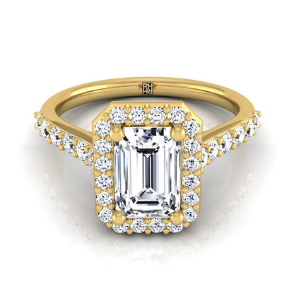 European Cut, Shared Prong Halo Emerald, in 18K Yellow Gold, pave setting | RockHer