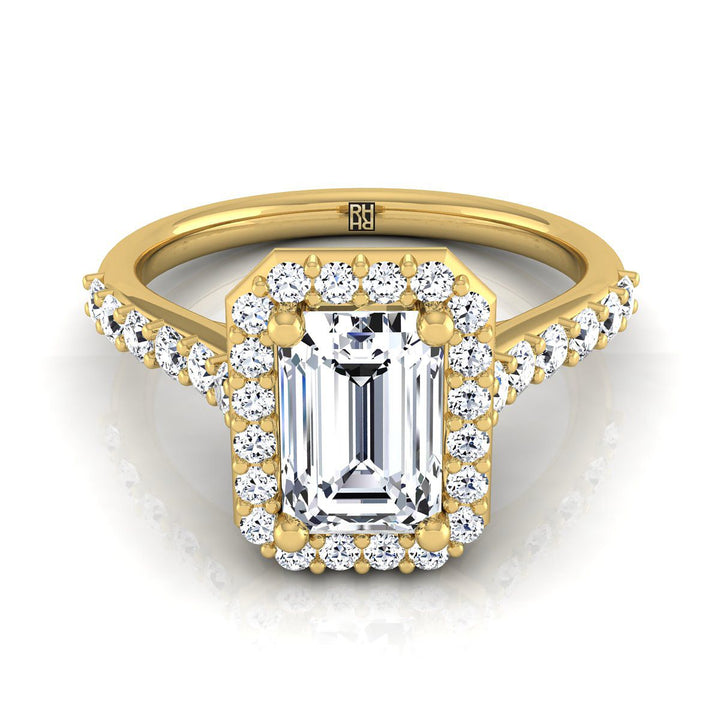European Cut, Shared Prong Halo Emerald, in 18K Yellow Gold, pave setting | RockHer