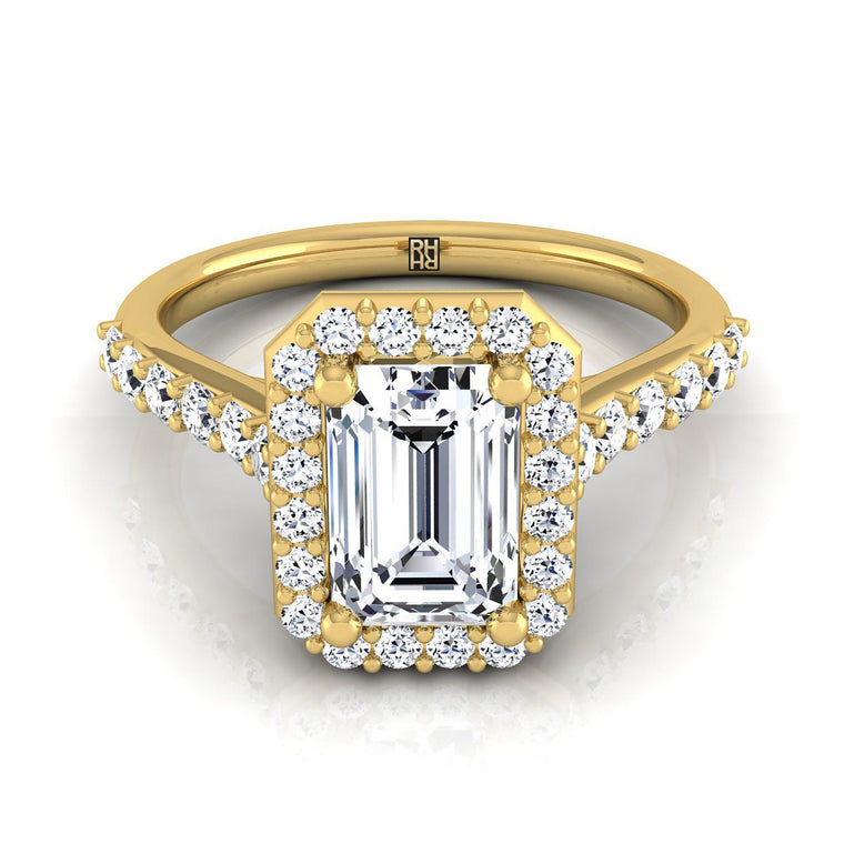 The Alicia Shared Prong Halo Emerald Cut Engagement Ring Setting in 18K Yellow Gold