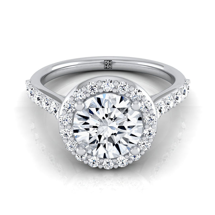 Round Brilliant, Shared Prong Halo Round, in 18K White Gold, pave setting | RockHer