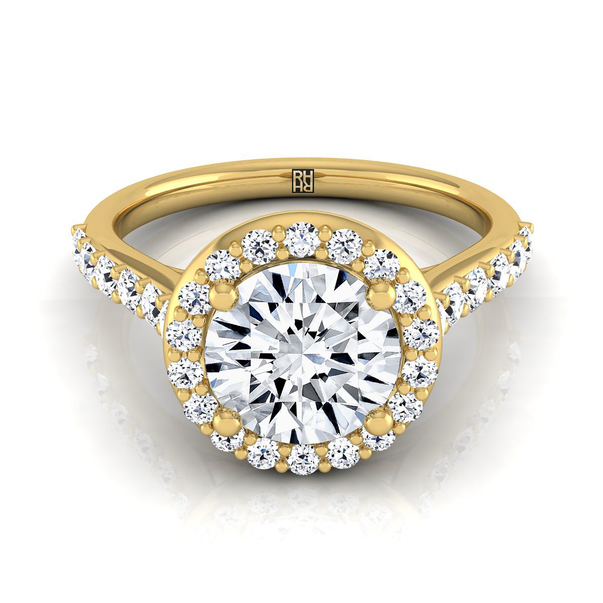 Alicia Select Shared Prong Halo Round Lab Diamond Engagement Ring in 18K Yellow Gold | RockHer