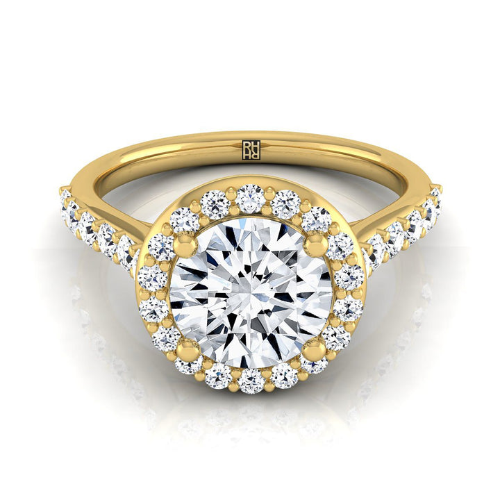 Alicia shared prong halo engagement ring in 18K yellow gold with round lab diamond — RockHer