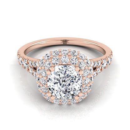 Double Halo Split Shank Cushion, in 14K Rose Gold, prong setting | RockHer