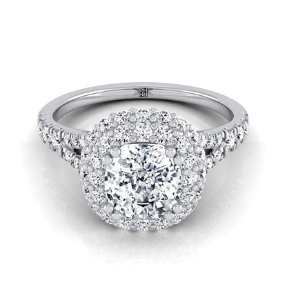 Double Halo Split Shank Cushion, in Platinum, prong setting | RockHer