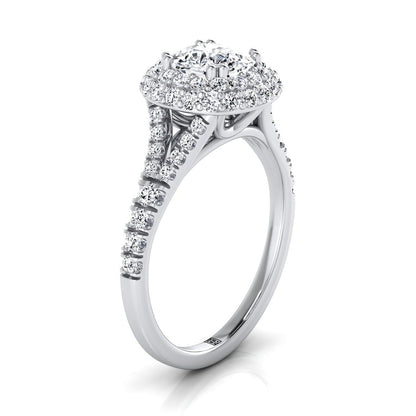 Double Halo Split Shank Cushion, in 18K White Gold, prong setting – side profile | RockHer