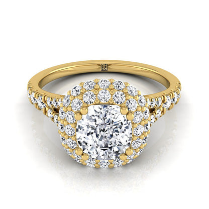 Double Halo Split Shank Cushion, in 18K Yellow Gold, prong setting | RockHer