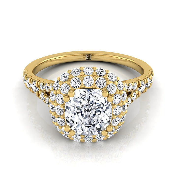 Double Halo Split Shank Cushion, in 18K Yellow Gold, prong setting | RockHer