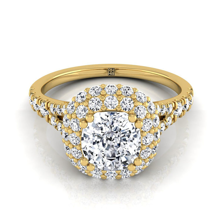 The Betty Double Halo Cushion Cut Engagement Ring Setting in 18K Yellow Gold