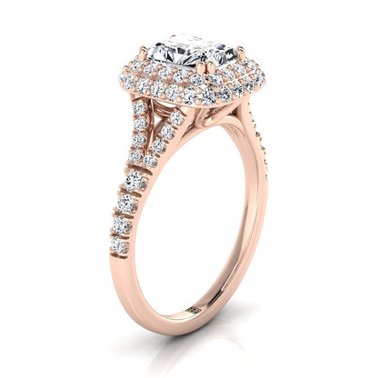 Double Halo Split Shank Radiant, in 14K Rose Gold, prong setting – view 9 | RockHer