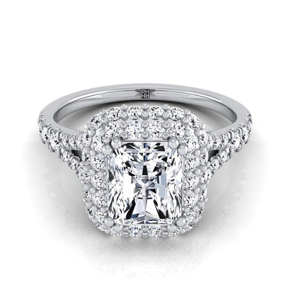 Double Halo Split Shank Radiant, in 18K White Gold, prong setting – view 8 | RockHer