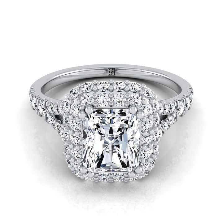 Double Halo Split Shank Radiant, in 18K White Gold, prong setting – view 8 | RockHer