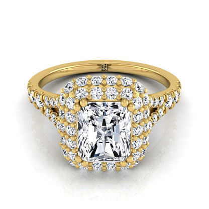 Betty Select double halo split shank radiant radiant ring in 14K Yellow Gold — view — RockHer