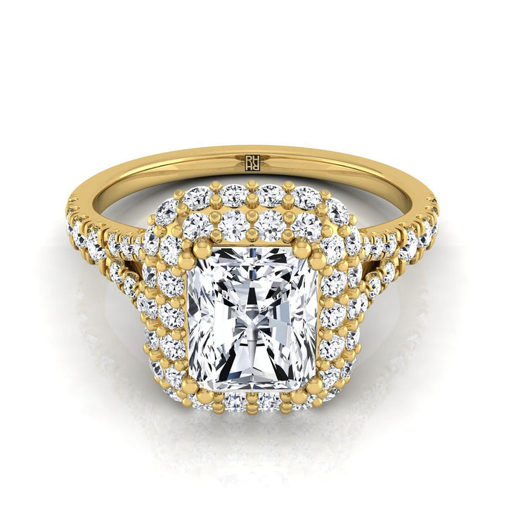 Double Halo Split Shank Radiant, in 18K Yellow Gold, prong setting – view 8 | RockHer