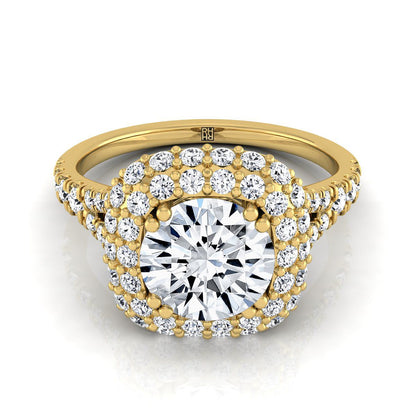 Round Brilliant, Double Halo Split Shank, in 18K Yellow Gold, prong setting | RockHer