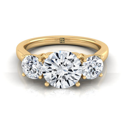 Round Brilliant, Classic Three Stone Round, in 18K Yellow Gold, prong setting | RockHer