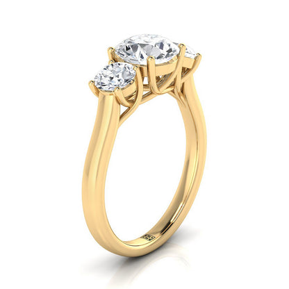Round Brilliant, Classic Three Stone Round, in 18K Yellow Gold, prong setting – side profile | RockHer
