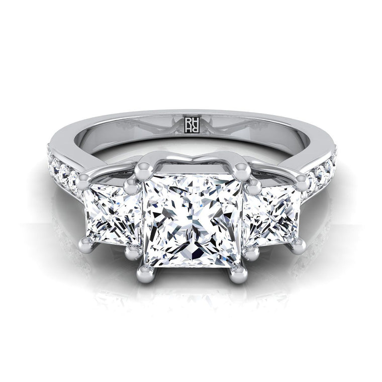 The Avery Channel Pavé Three Stone Princess Cut Engagement Ring Setting in 18K White Gold