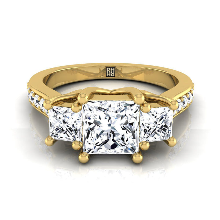 The Avery Select Three Stone Princess Cut Lab Diamond Engagement Ring in 18K Yellow Gold