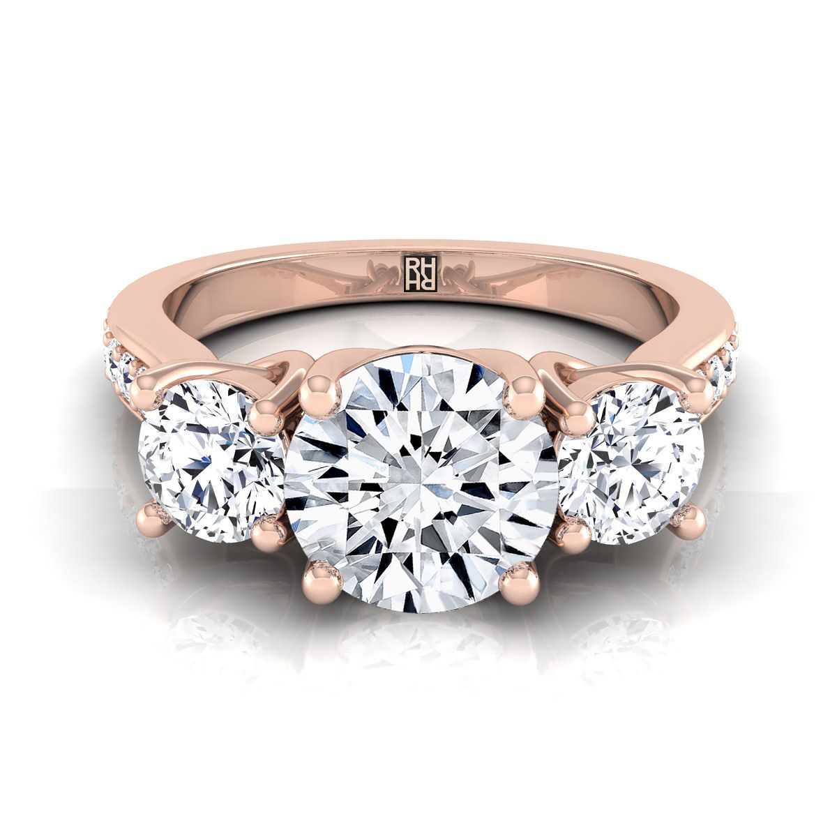 Avery Select Channel Pavé Three Stone Round Lab Diamond Engagement Ring in 14K Rose Gold | RockHer