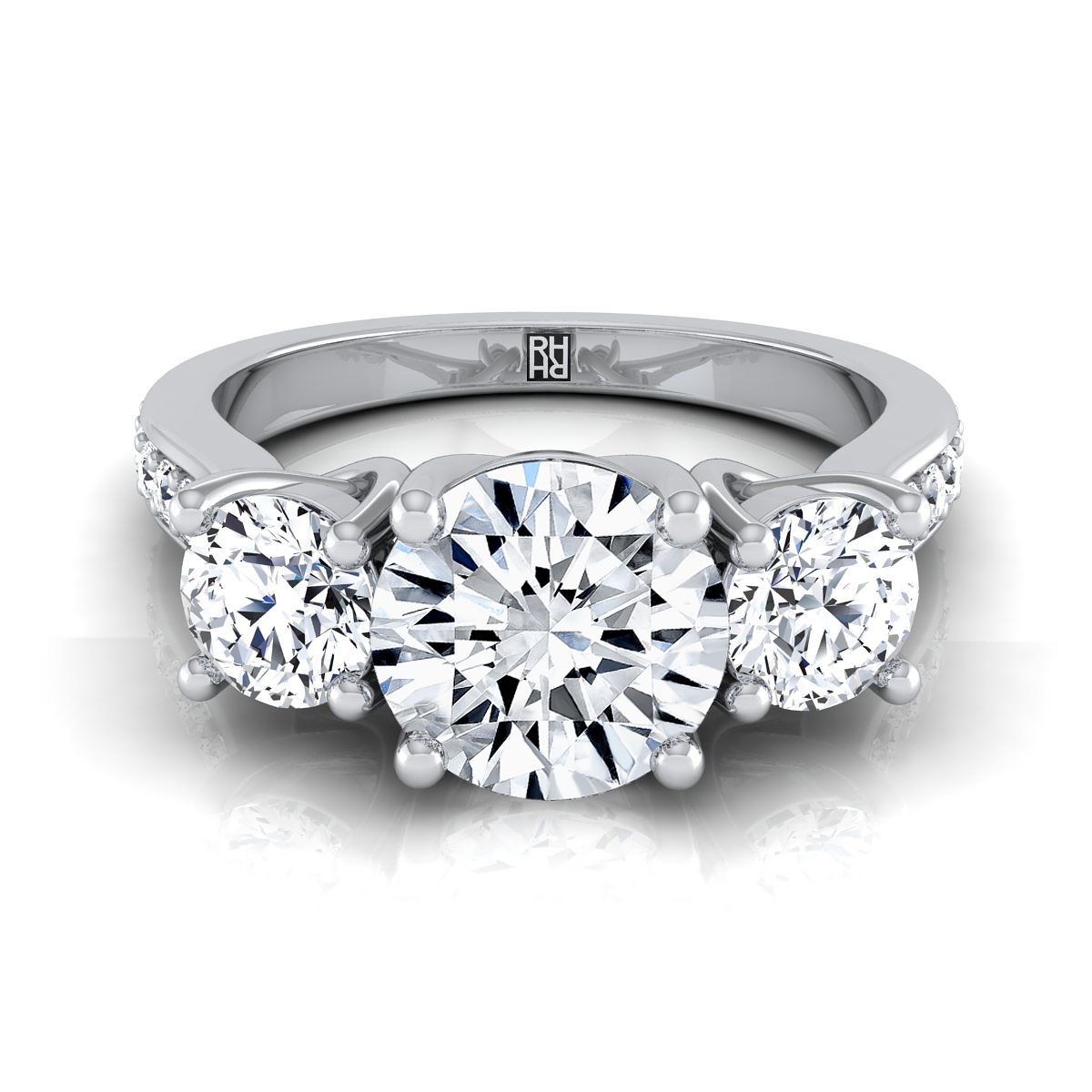 Avery Select Three Stone Round Lab Diamond Engagement Ring in Platinum | RockHer