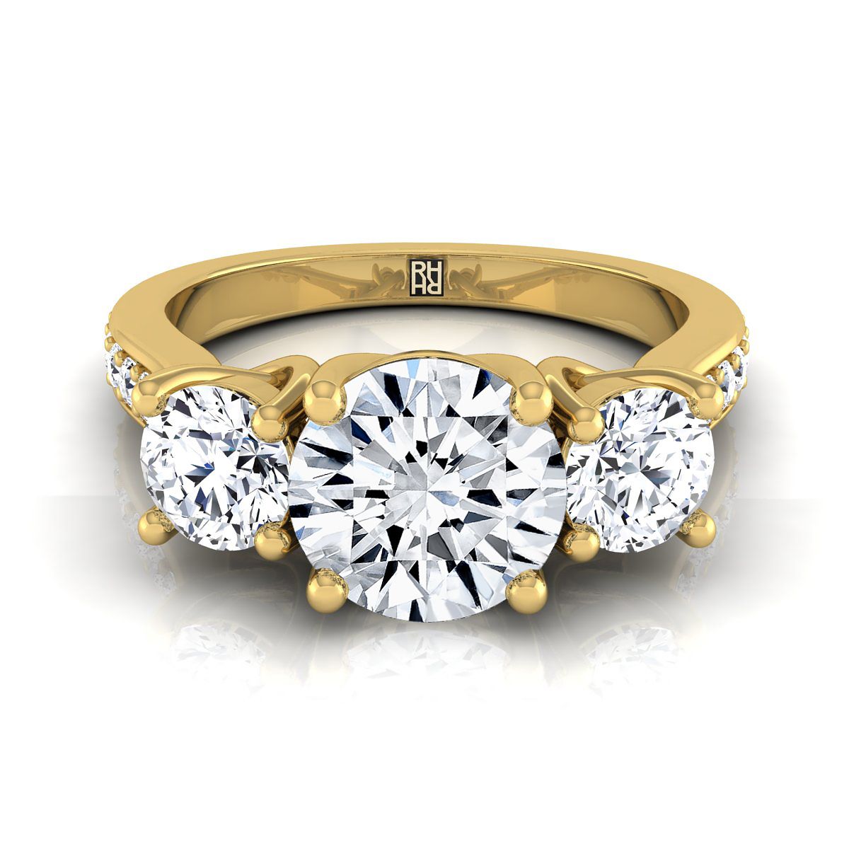 Avery Select Three Stone Round Lab Diamond Engagement Ring in 18K Yellow Gold | RockHer