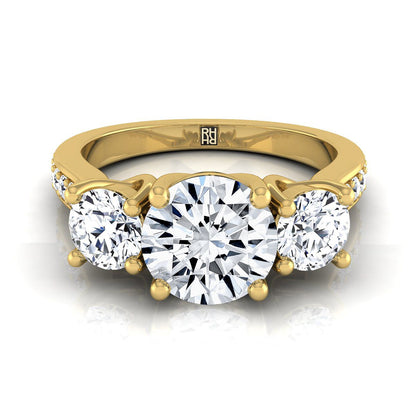 Avery Select Three Stone Round Lab Diamond Engagement Ring in 18K Yellow Gold | RockHer