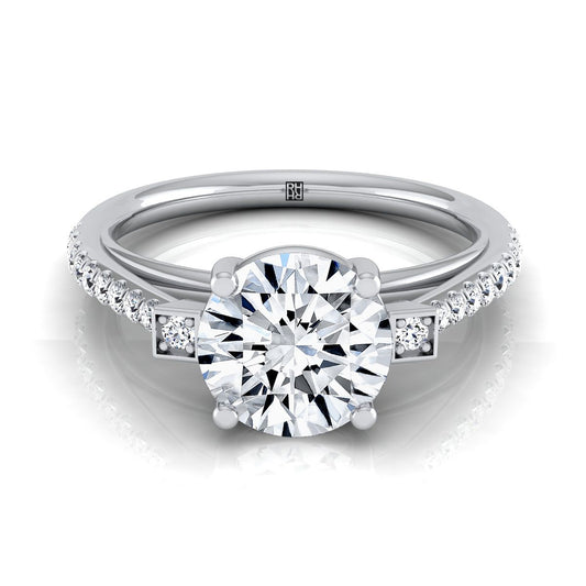 14K White Gold Round Brilliant Diamond Delicate Three Stone Pave Engagement Ring -1/3ctw