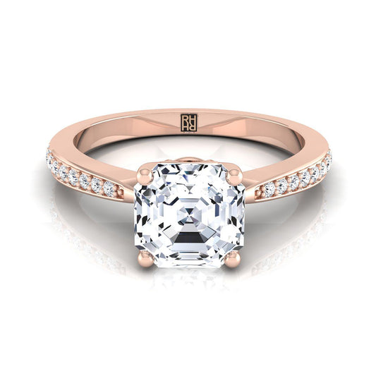 14K Rose Gold Asscher Cut Diamond Tapered Pave Engagement Ring -1/8ctw