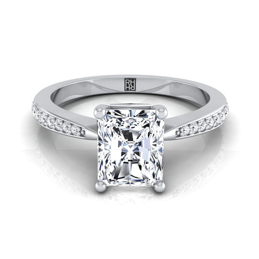 14K White Gold Radiant Cut Center Diamond Tapered Pave Engagement Ring -1/8ctw