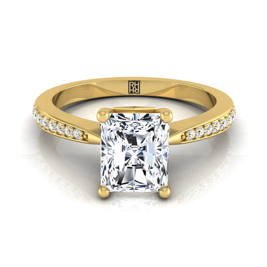 18K Yellow Gold Radiant Cut Center Diamond Tapered Pave Engagement Ring -1/8ctw