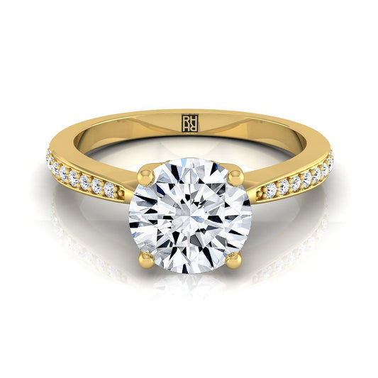 18K Yellow Gold Round Brilliant Diamond Tapered Pave Engagement Ring -1/8ctw