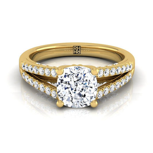 14K Yellow Gold Cushion Diamond Split Shank French Pave Engagement Ring -1/3ctw