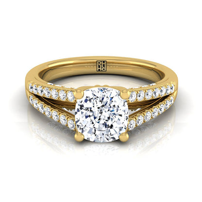 Split Shank French Pavé Cushion, in 18K Yellow Gold, pave setting | RockHer