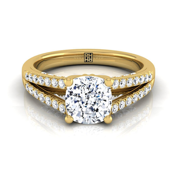 Split Shank French Pavé Cushion, in 18K Yellow Gold, pave setting | RockHer