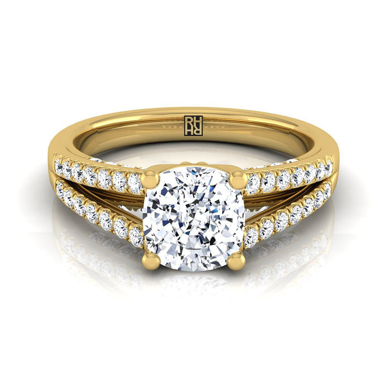The Jessie Split Shank French Pavé Cushion Cut Engagement Ring Setting in 18K Yellow Gold